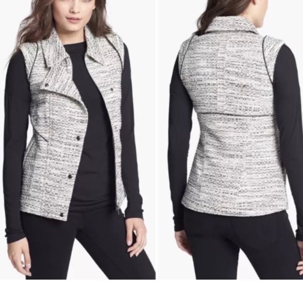 Truth And Pride Women's White Black Tweed Leather-Trim Moto Style Vest Size S